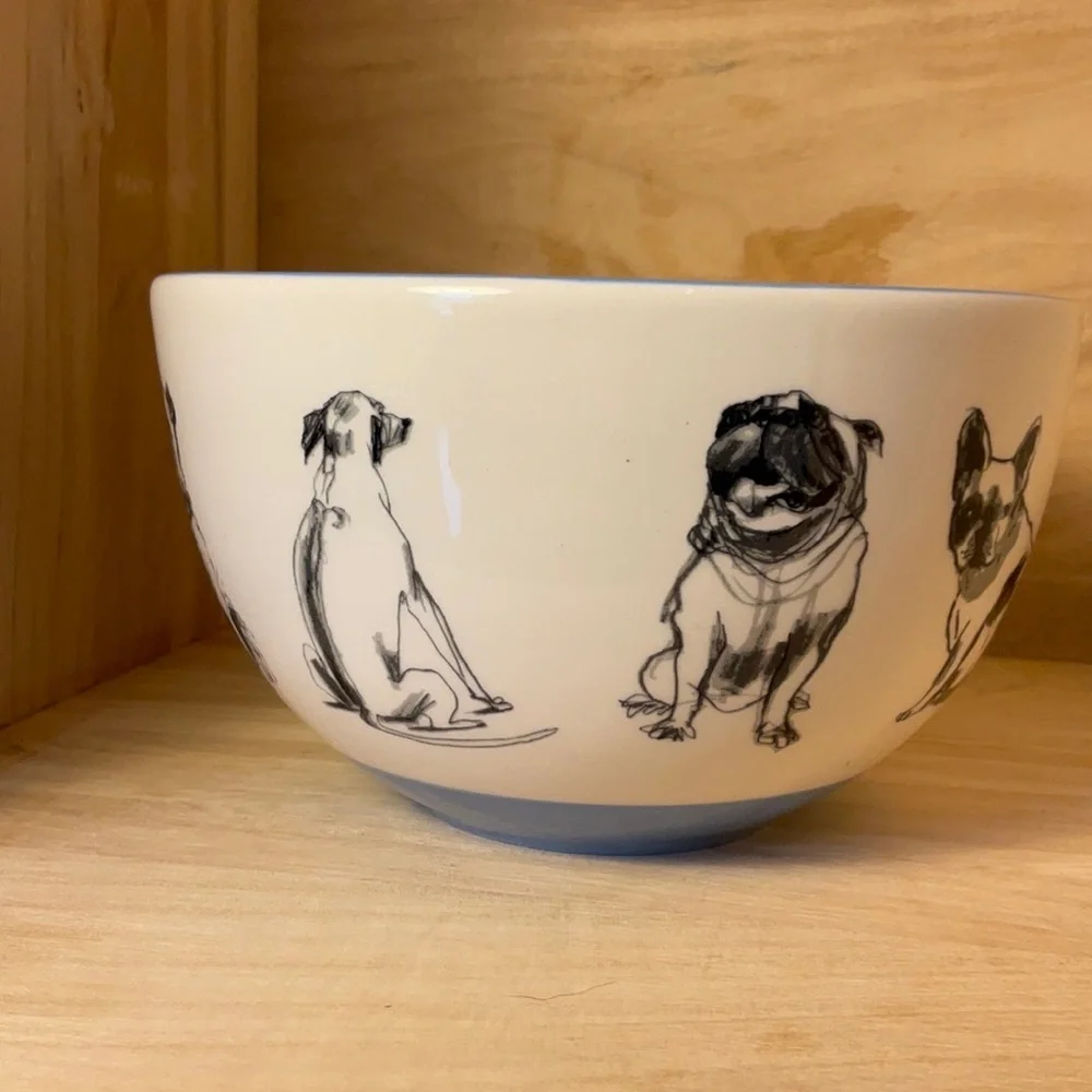 “FEED ME” large dog bowl with lab, beagle, pug artfully painted inside